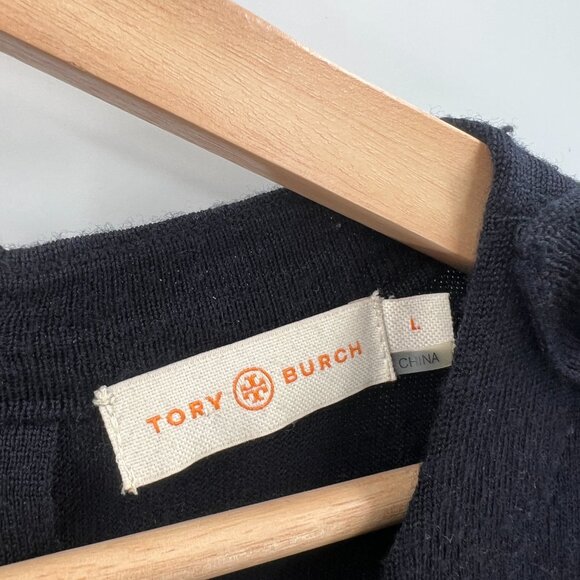 Tory Burch dark navy blue 100% merino wool sweater blouse half sleeve gold top L - Picture 4 of 13